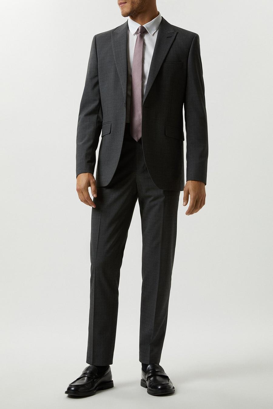 Slim Fit Grey Grid Check Three-Piece Suit
