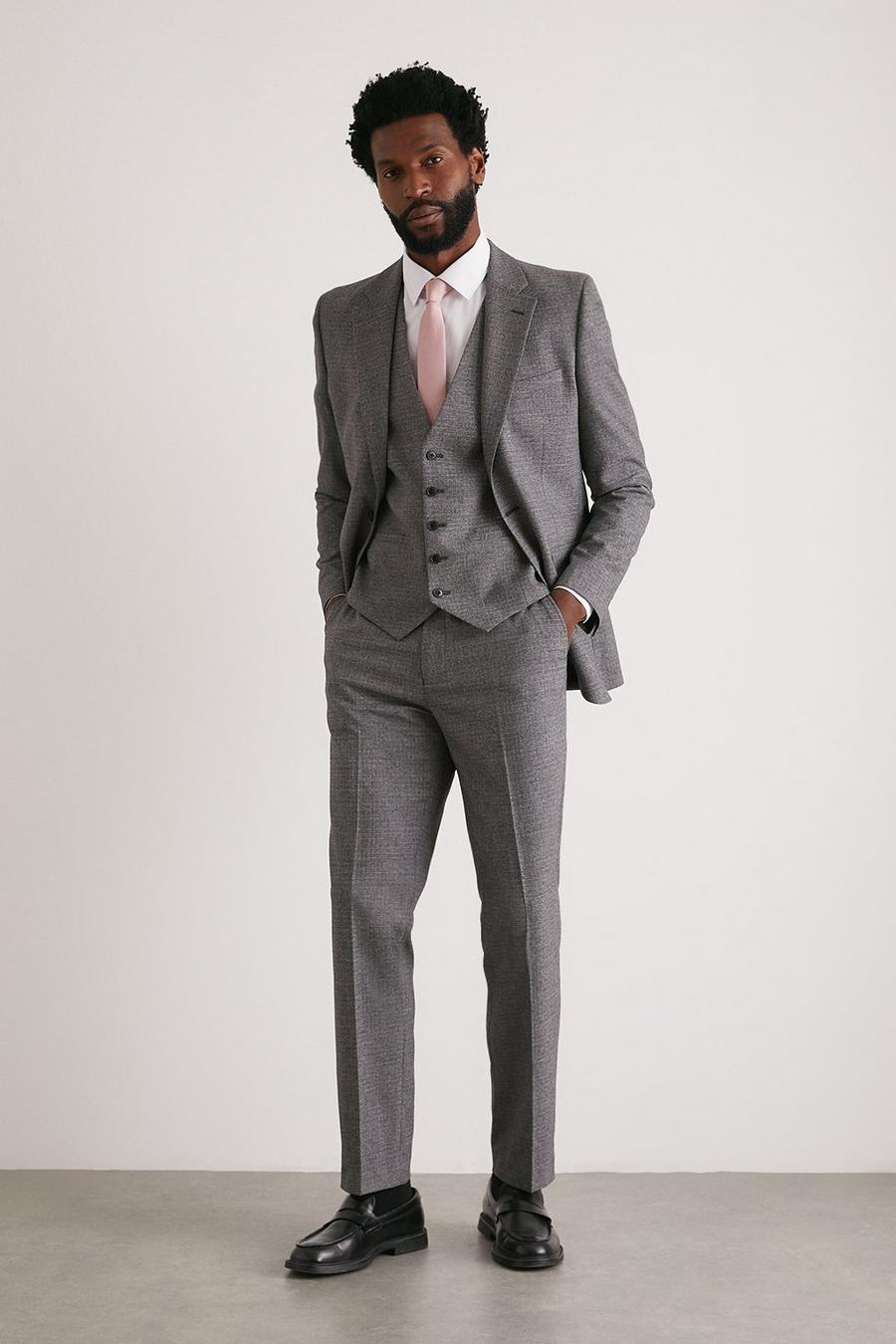 Slim Fit Grey Texture Grid Check Suit Trouser