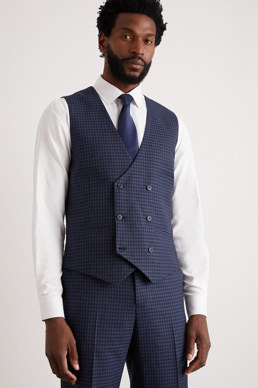 Tailored Fit Navy Small Scale Check Waistcoat