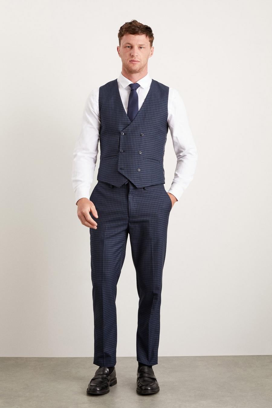 Slim Fit Navy Small Scale Check Waistcoat