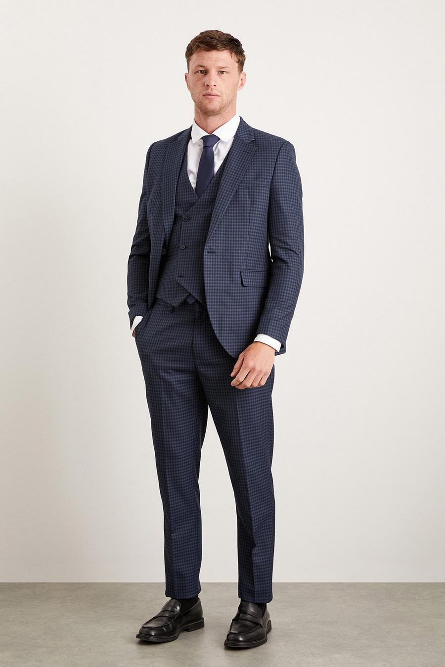 Slim Fit Navy Small Scale Check Suit Trousers