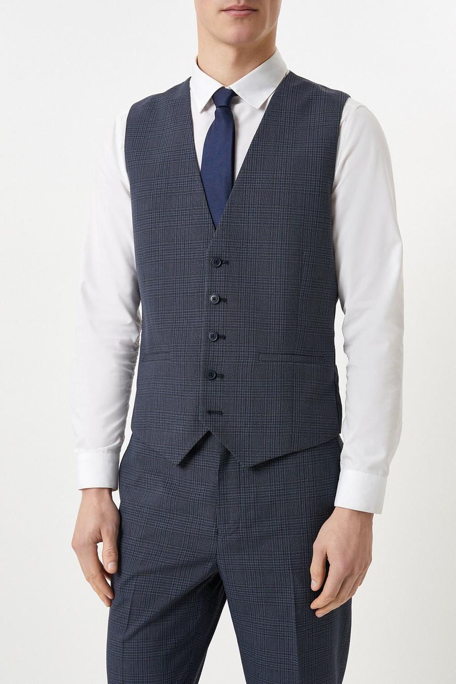Tailored Fit Navy Overcheck Waistcoat