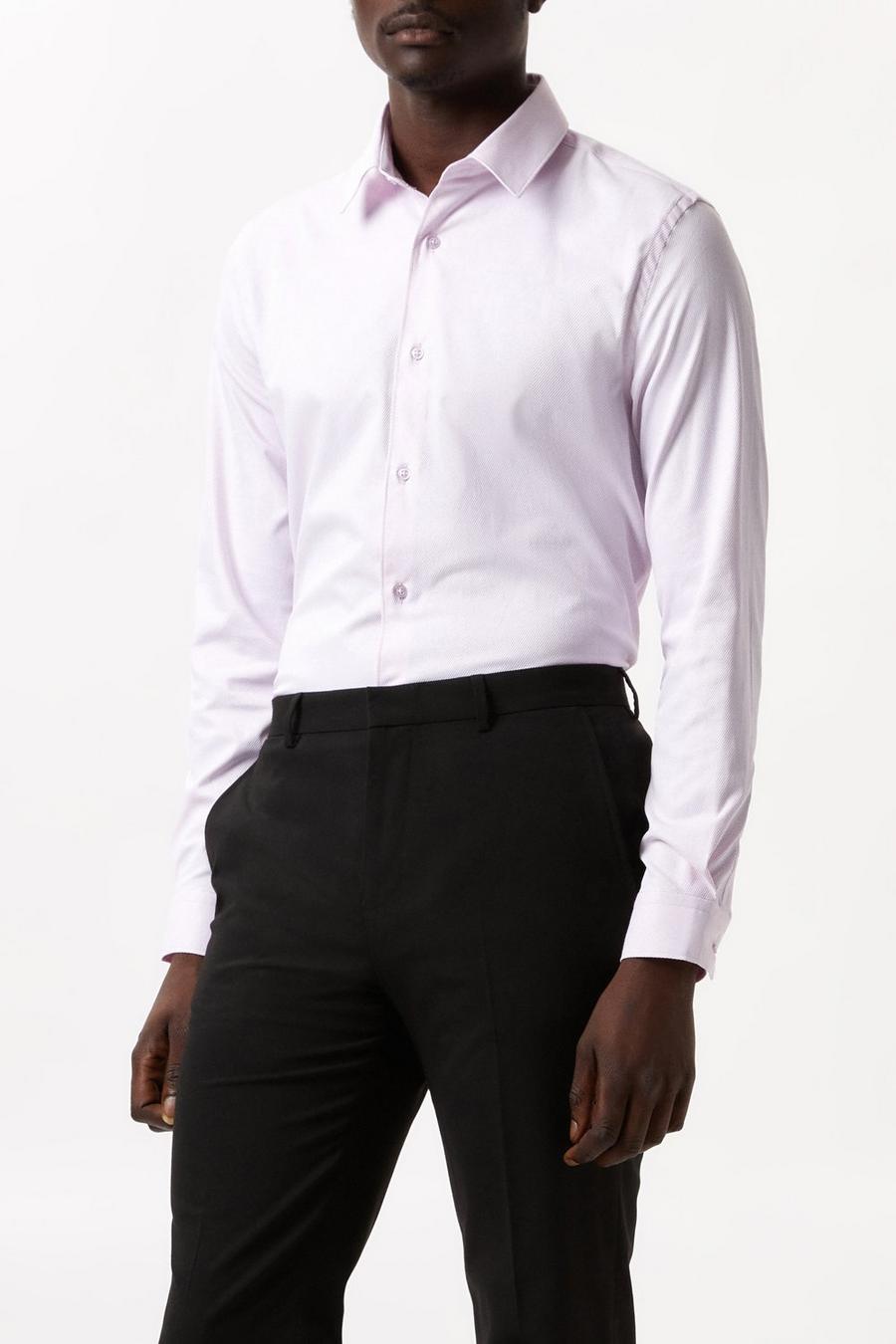 Pink Slim Fit Long Sleeve Point Collar Twill Shirt