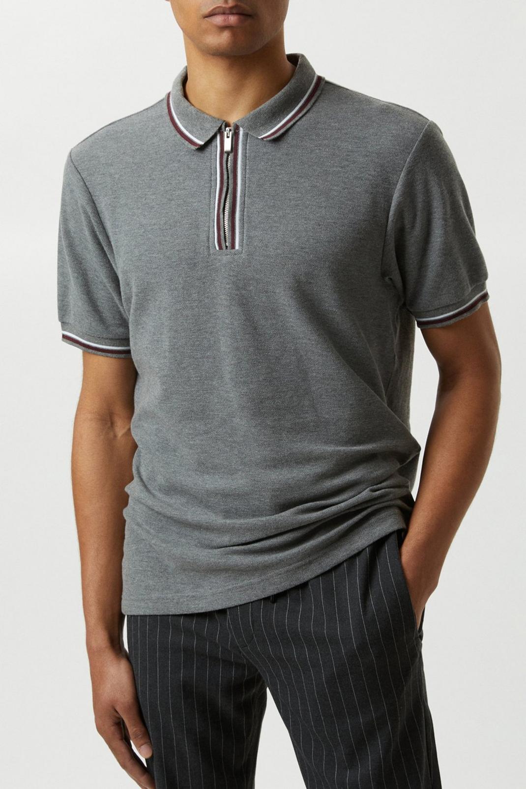 Charcoal Marl Contrast Tipped Polo Shirt image number 1