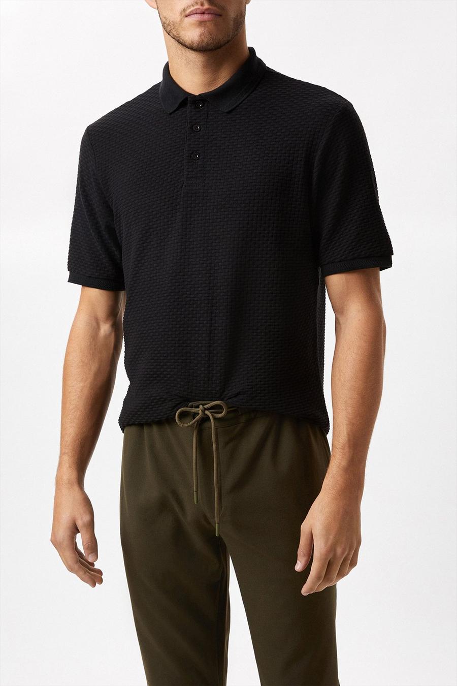 Black Textured Short Sleeve Button Polo Shirt