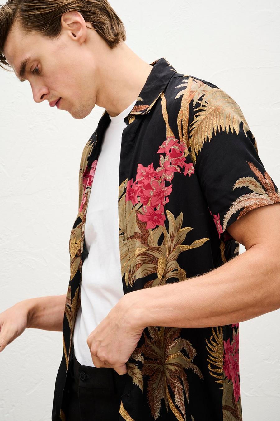 Regular Fit Black Short Sleeve Floral Print Shirt