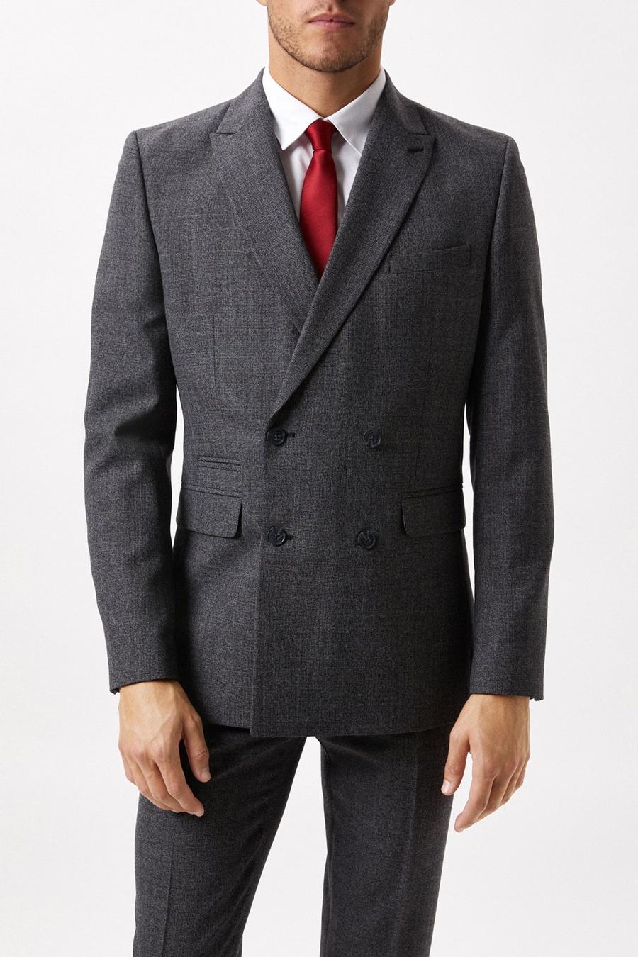 Slim Double Breasted Wool Grey Dogtooth Suit Jacket