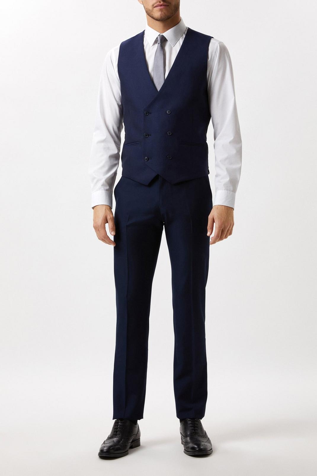 Slim Fit Plain Blue Wool Suit Waistcoat image number 1