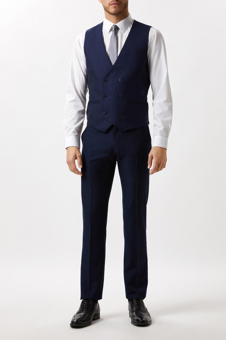 Slim Fit Plain Blue Wool Suit Waistcoat