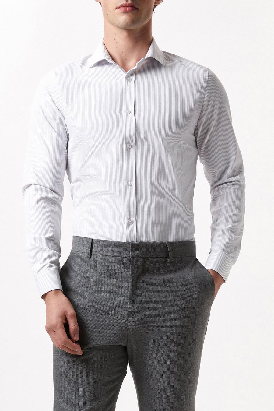 White Long Sleeve Fine Striped Point Collar Shirt