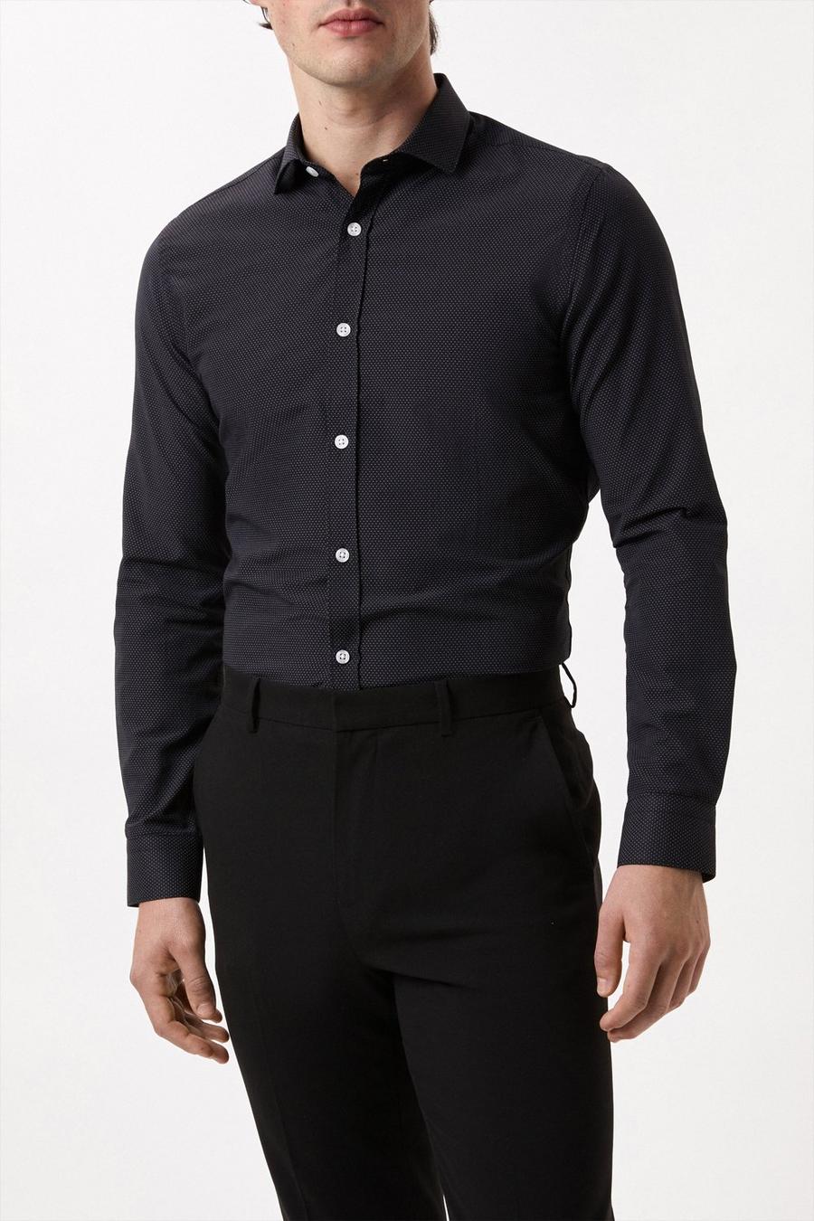Black Slim Fit Long Sleeve Spot Shirt