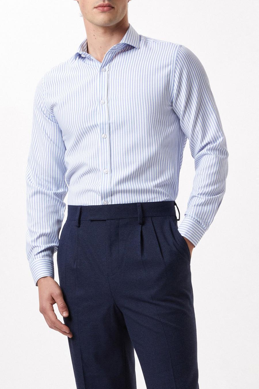 Blue Tailored Fit Long Sleeve Textured Striped Cutaway Collar Shirt