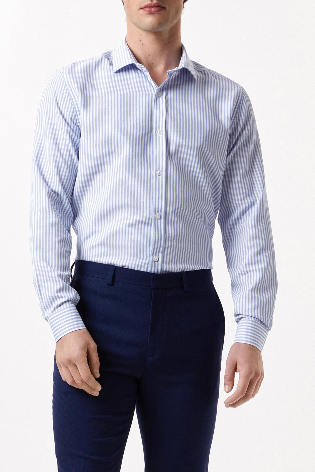 Blue Slim Fit Long Sleeve Textured Striped Collar Shirt image number 1