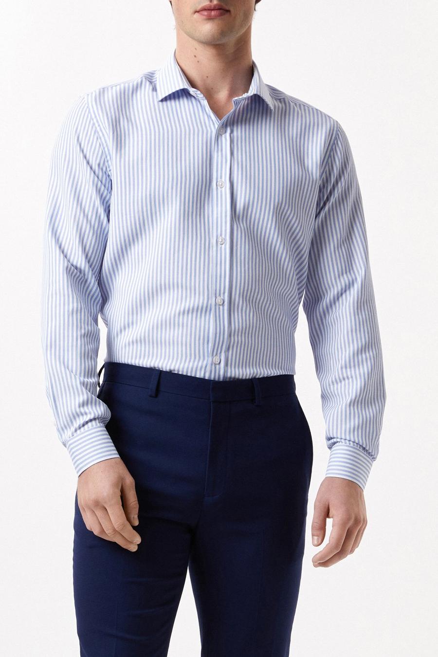 Blue Slim Fit Long Sleeve Textured Striped Collar Shirt