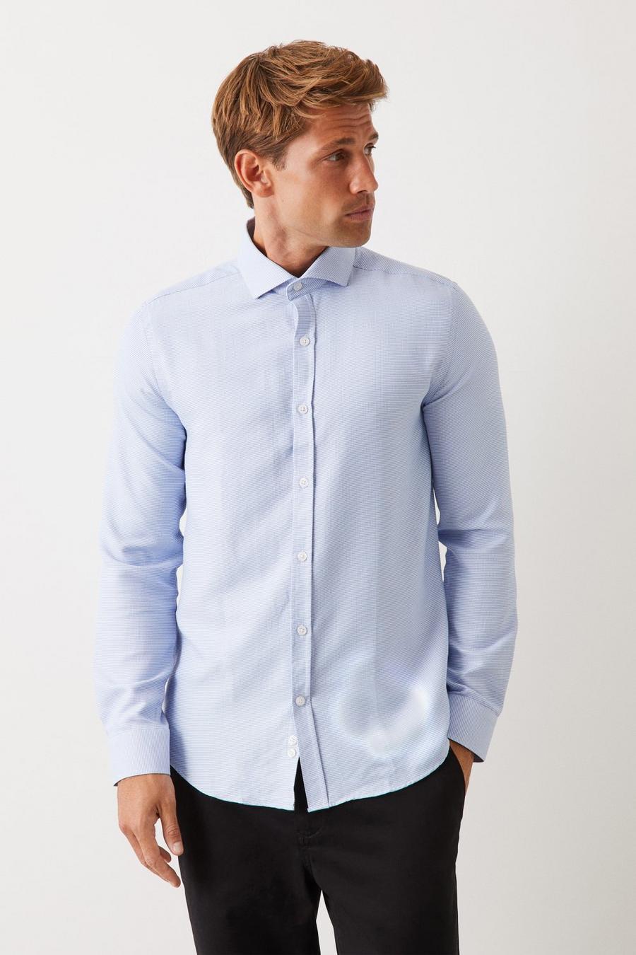 Long Sleeve Tailored Blue Puppytooth Cutaway Collar Shirt