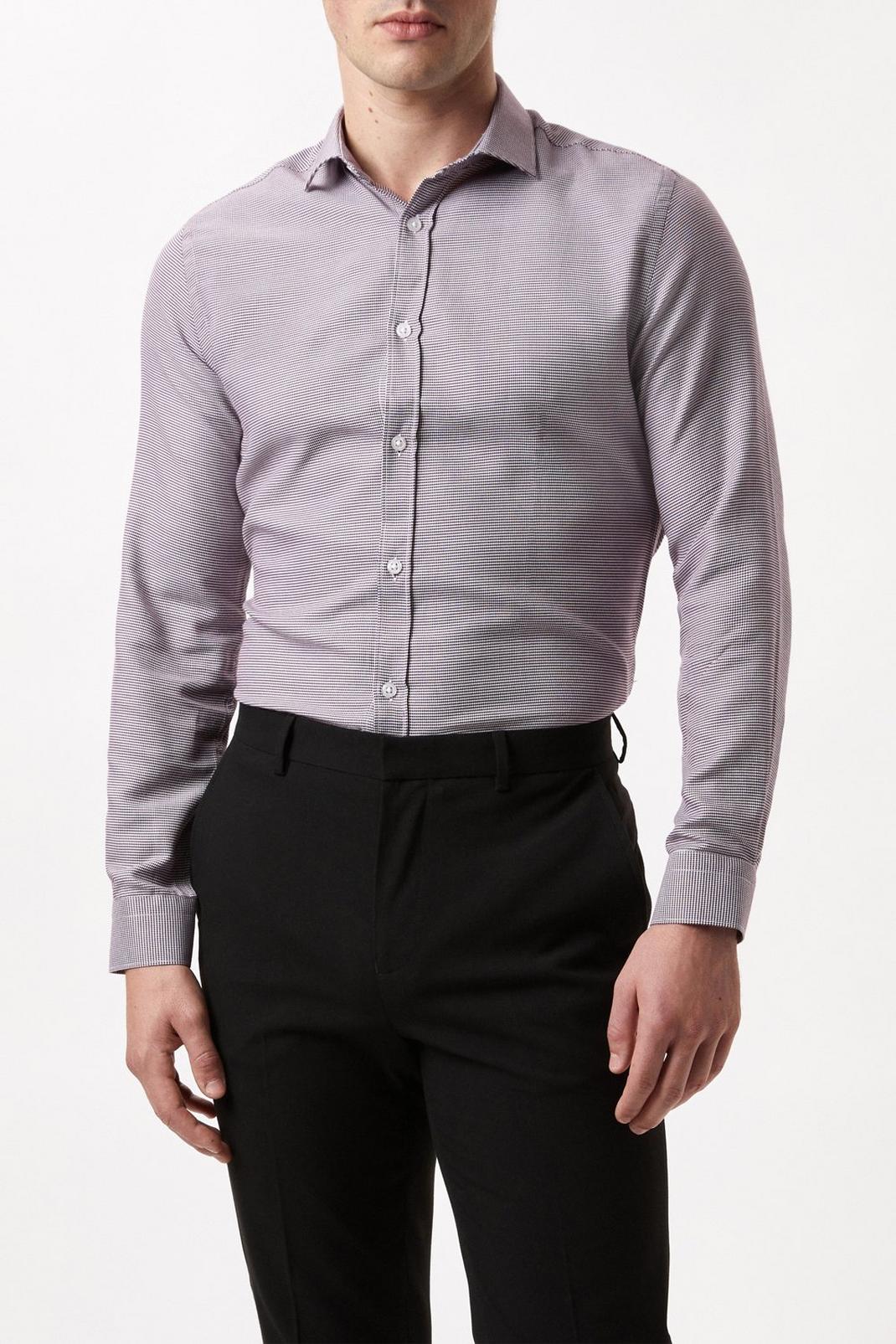 Burgundy Slim Fit Long Sleeve Puppytooth Shirt | Burton UK
