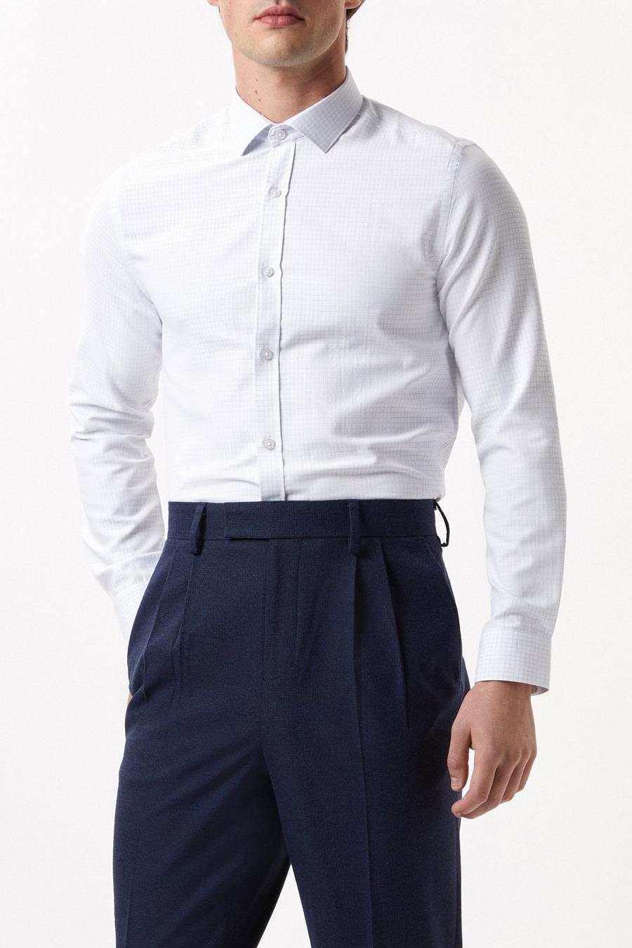 Slim Fit Long Sleeve White Check Collar Shirt