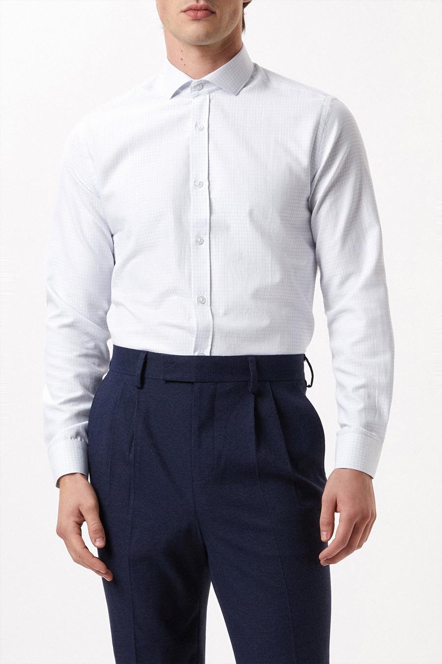 Long Sleeve Tailored White Grid Check Cutaway Collar Shirt