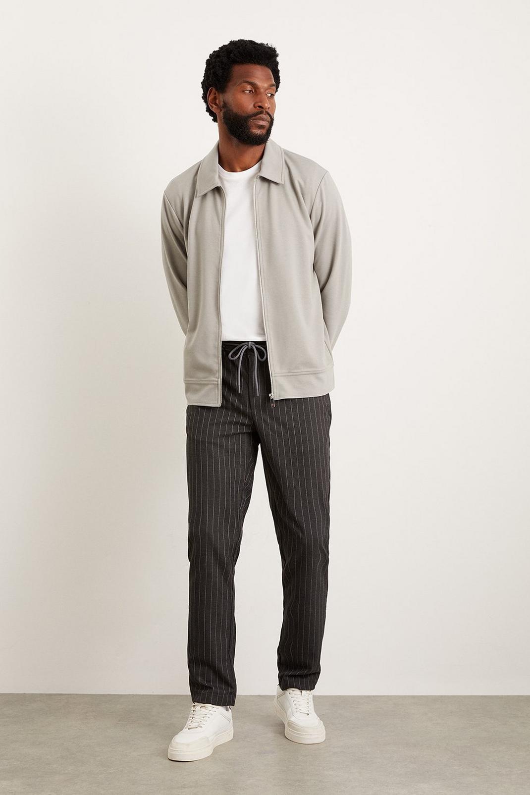Slim Fit Charcoal Pinstripe Drawstring Trousers image number 1