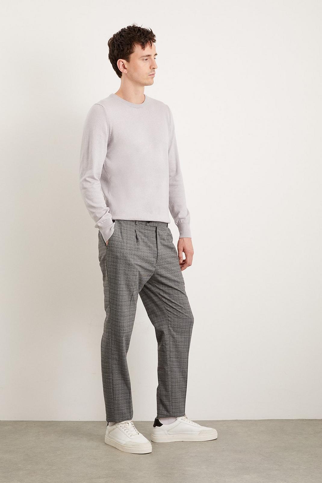 Slim Fit Pleat Micro Check Charcoal Trousers image number 1