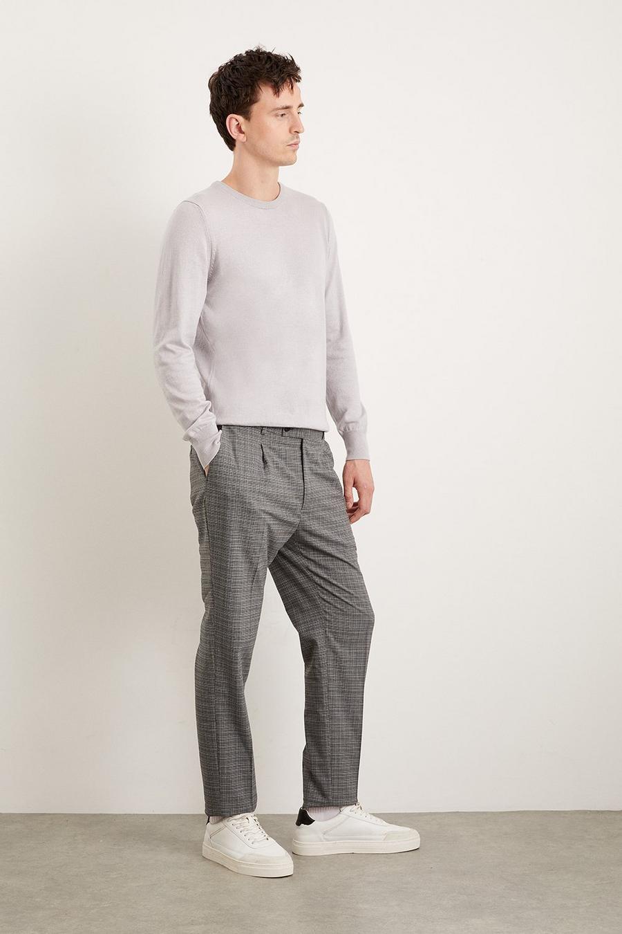 Slim Fit Pleat Micro Check Charcoal Trousers