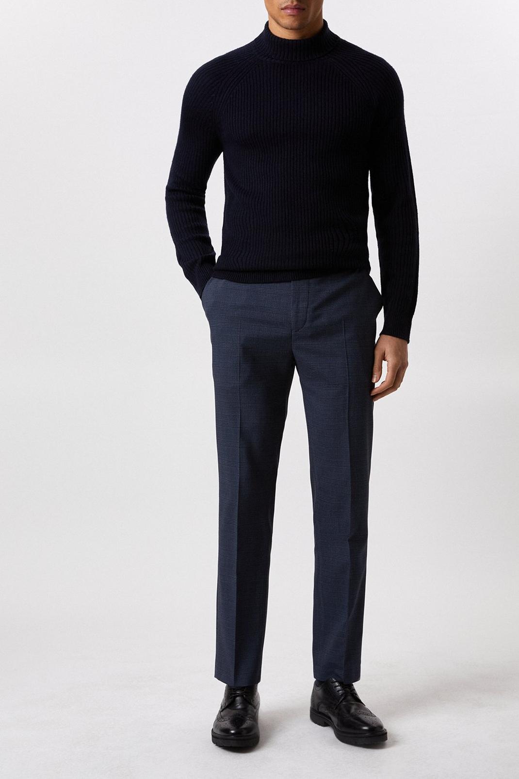 Regular Fit Navy Check Smart Trousers image number 1