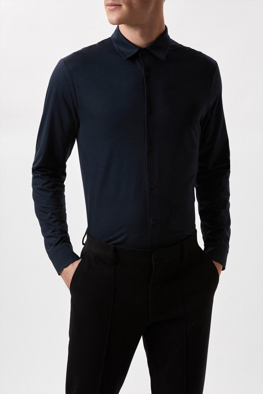 Navy Mercerised Cotton Jersey Long Sleeve Shirt image number 1