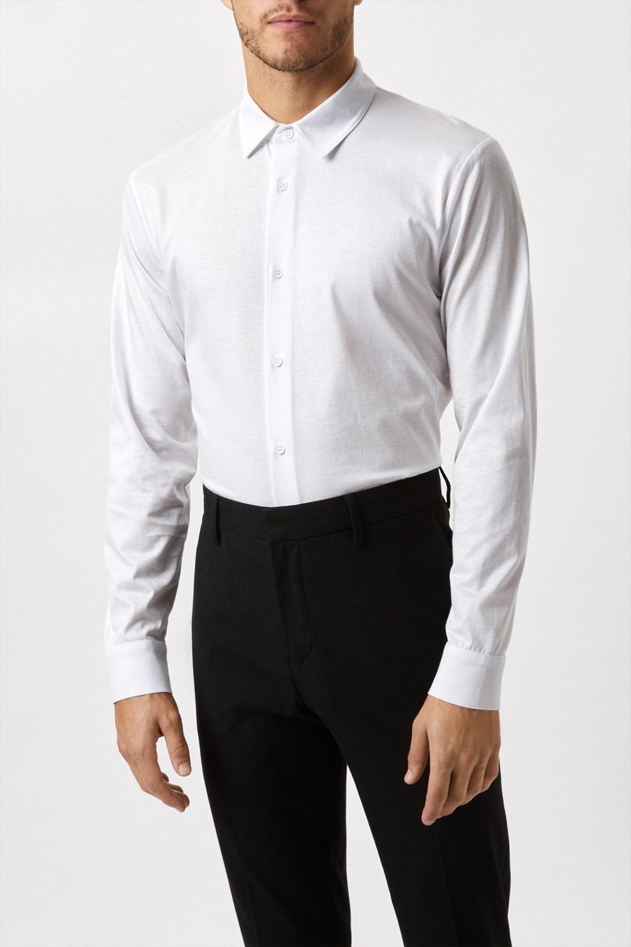 White Mercerised Cotton Jersey Long Sleeve Shirt