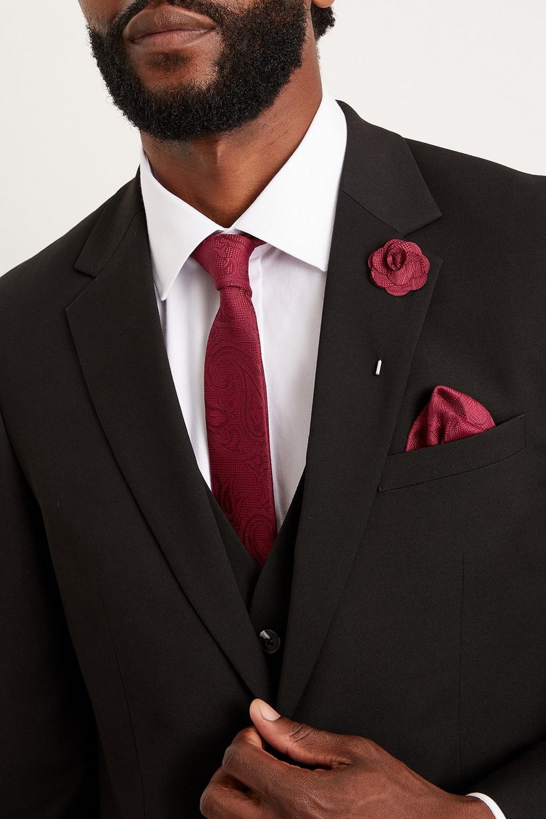 Burgundy Wedding Paisley Tie Set With Lapel Pin image number 1