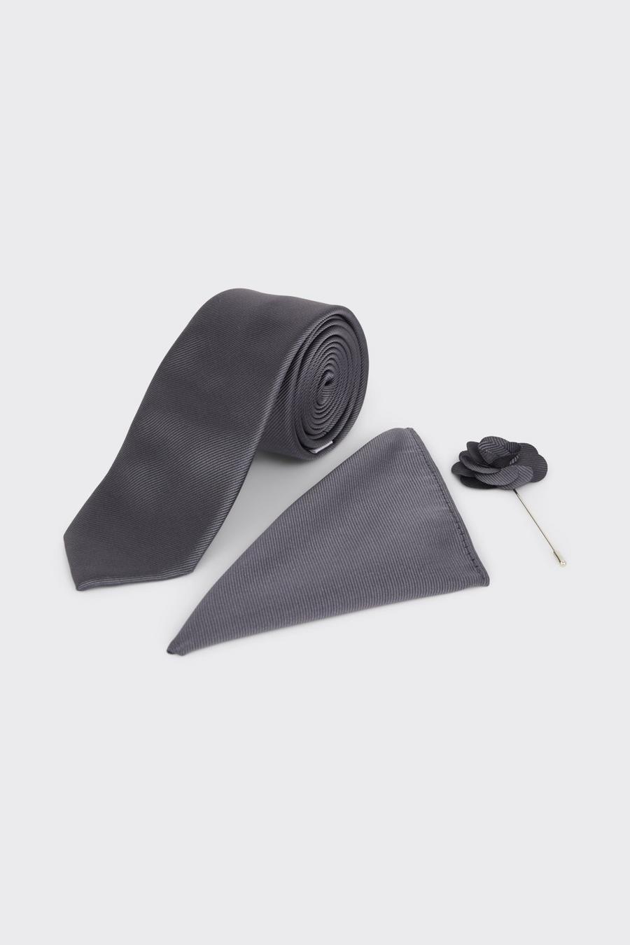 Slate Wedding Tie Set With Matching Lapel Pin