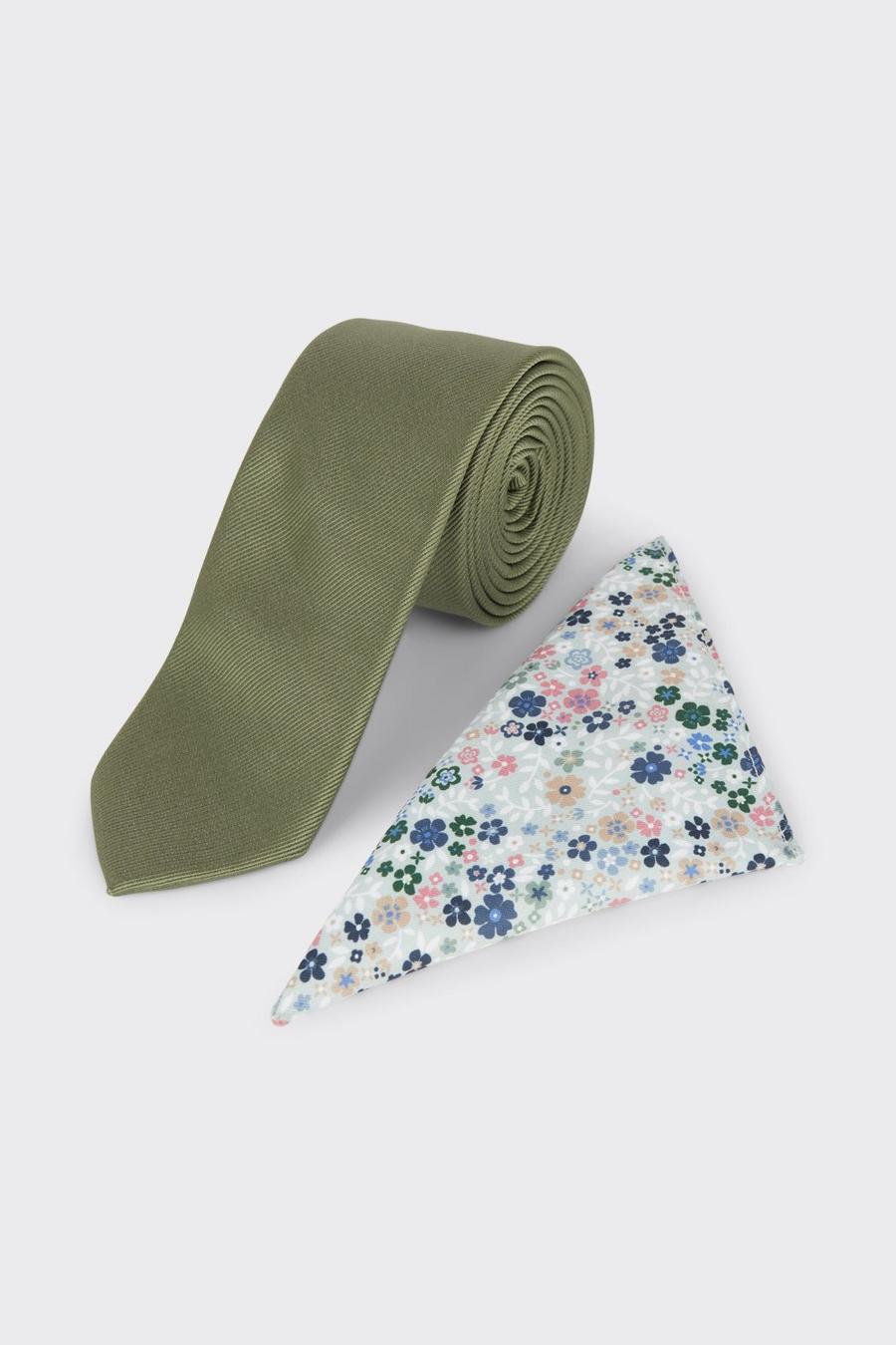 Sage Green Tie And Ditsy Floral Pocket Square Set
