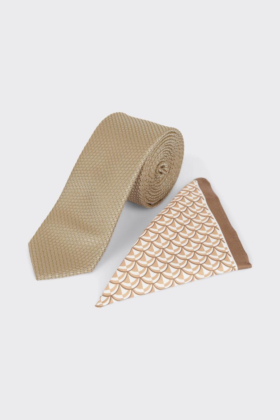 Champagne Textured Tie And Geo Pocket Square Set