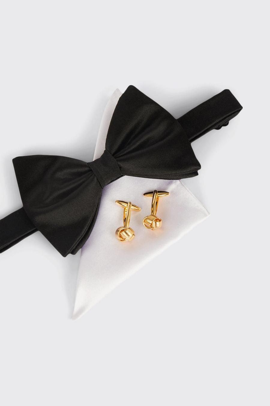 Black Silk Bow Tie, Handkerchief & Cufflinks