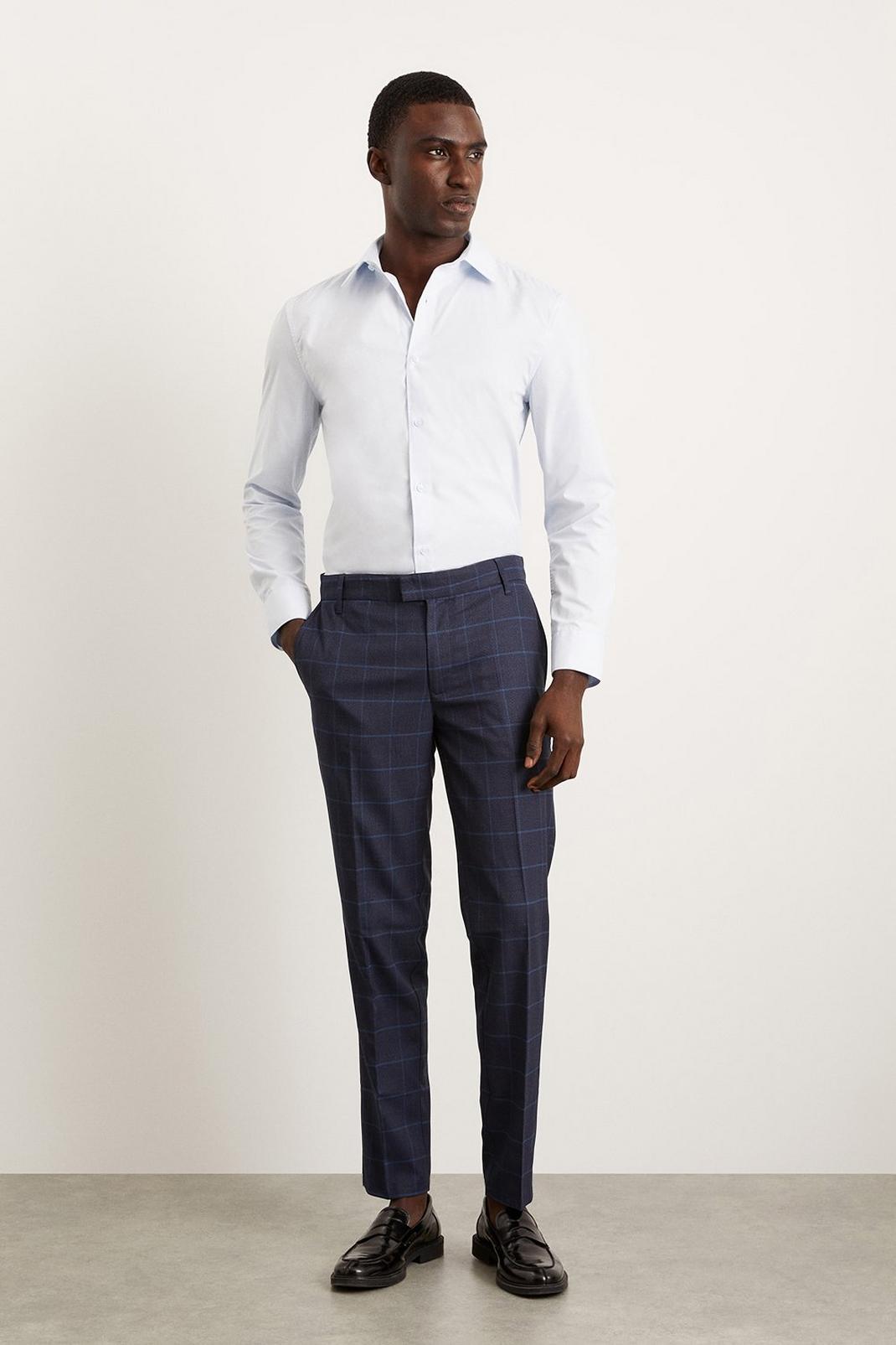 Blue Slim Fit Navy Windowpane Check Smart Trousers image number 1