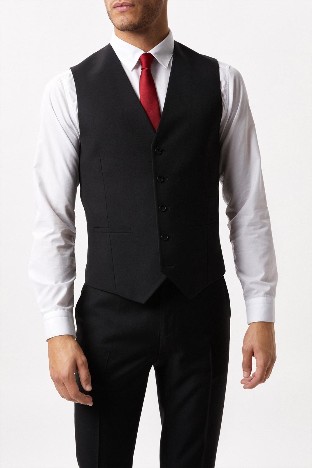 Slim Fit Black Twill Suit Waistcoat image number 1