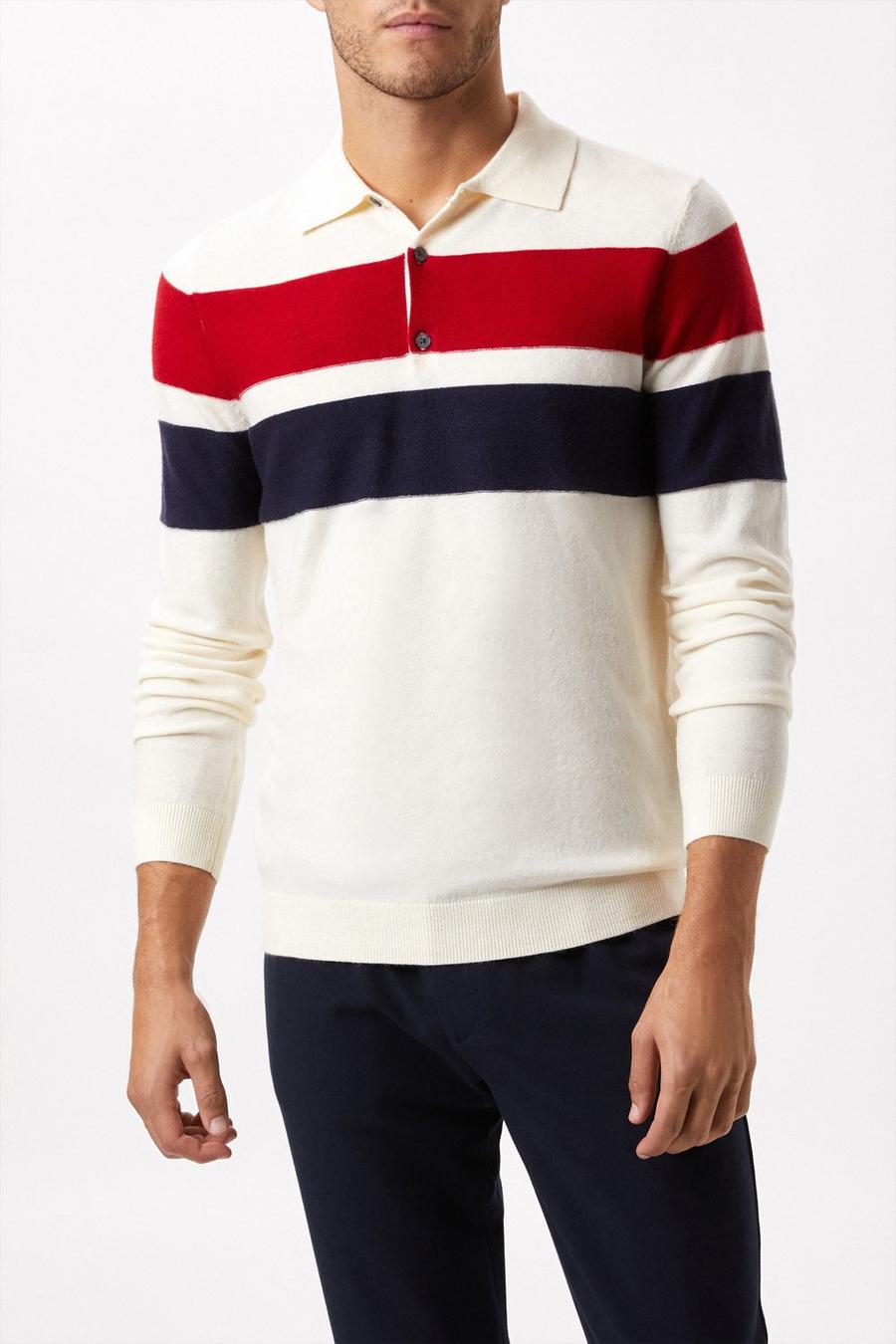 Super Soft White Chest Stripe Texture Knitted Polo Shirt