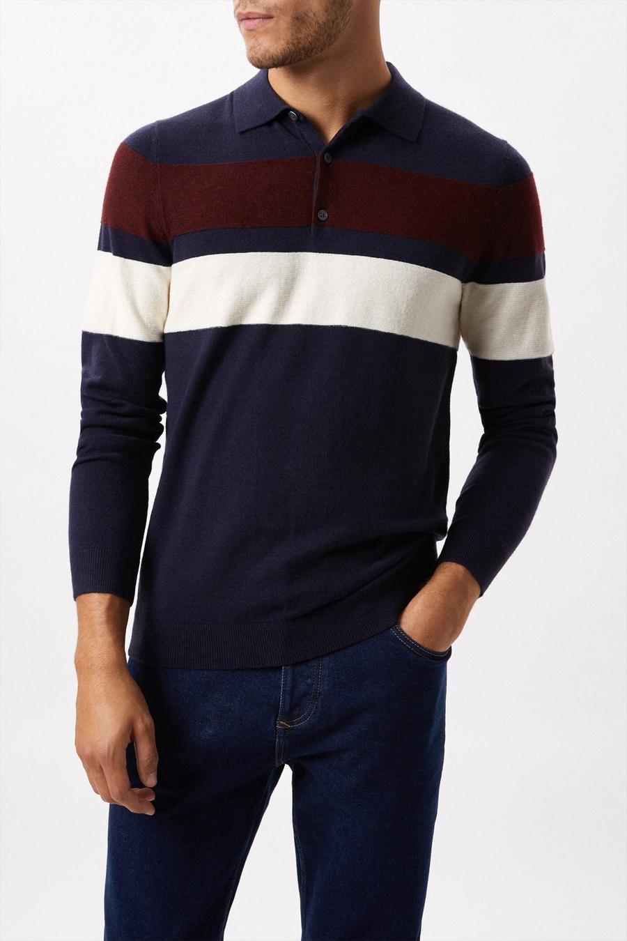 Super Soft Navy Chest Stripe Texture Knitted Polo Shirt