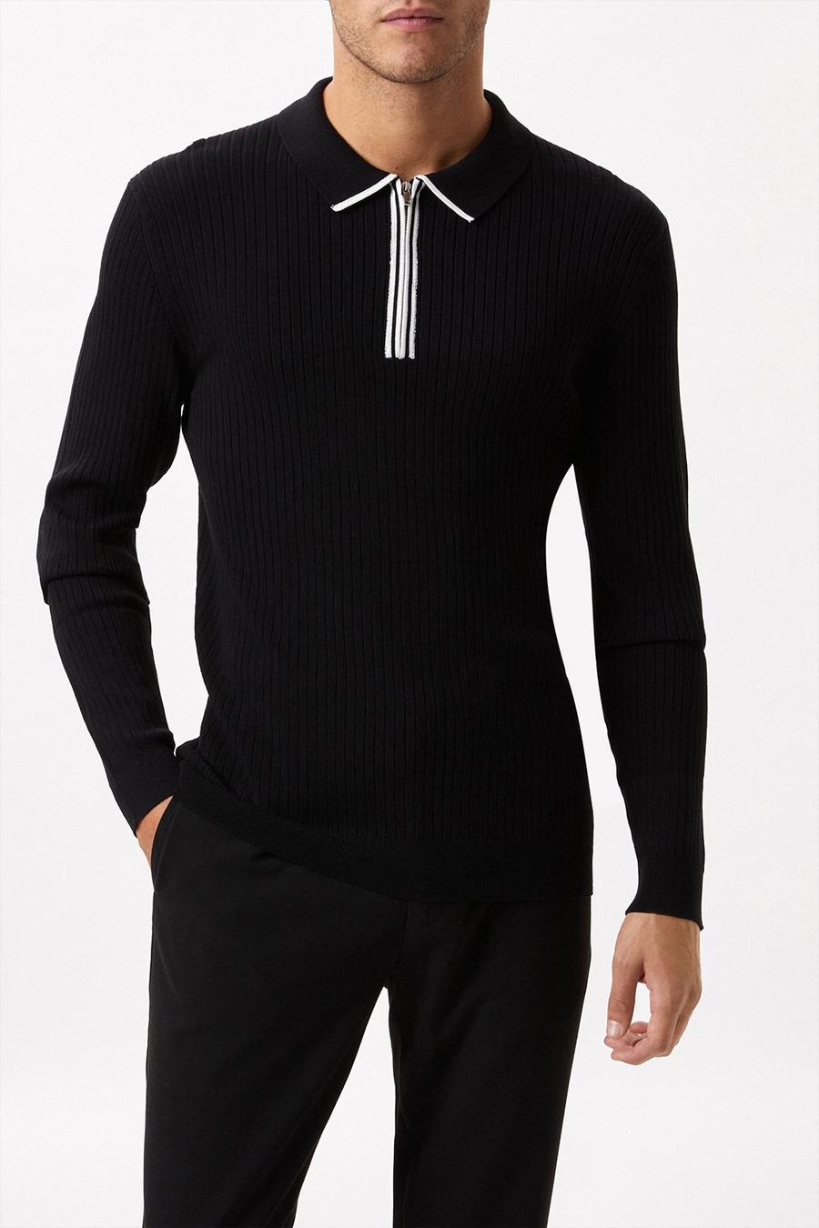 Premium Black Muscle Fit Tipped Zip Knitted Rib Polo Shirt