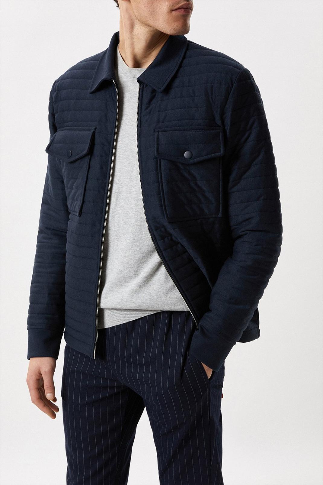 Navy Quilted Nylon Collared Hybrid Jacket image number 1