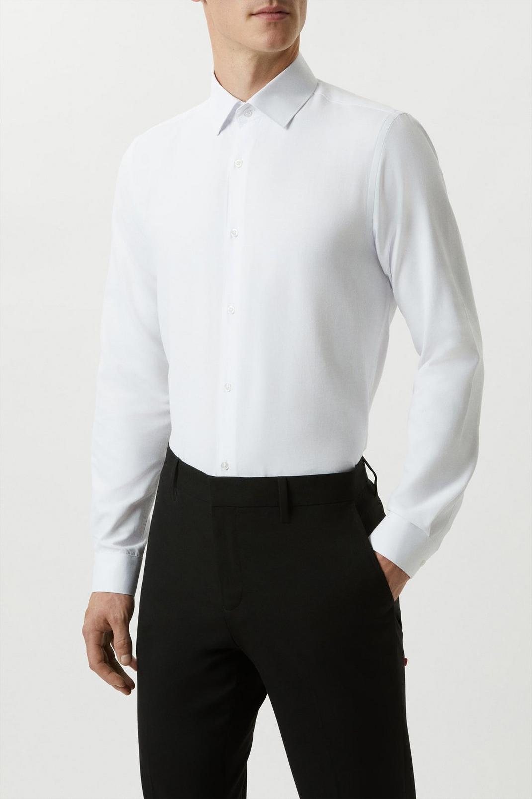 Skinny Fit White Herringbone Texture Smart Shirt image number 1
