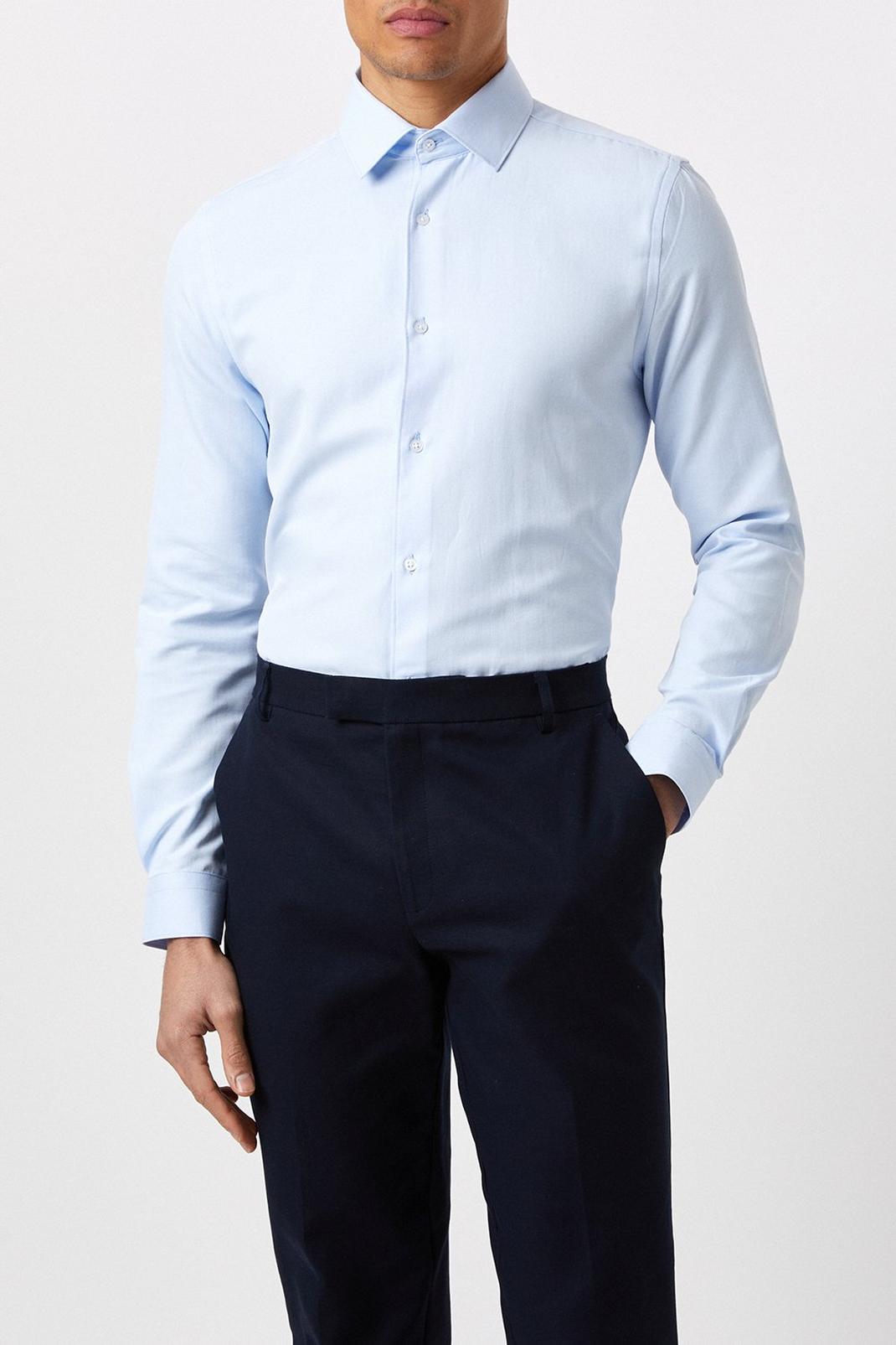Skinny Fit Blue Herringbone Texture Smart Shirt image number 1