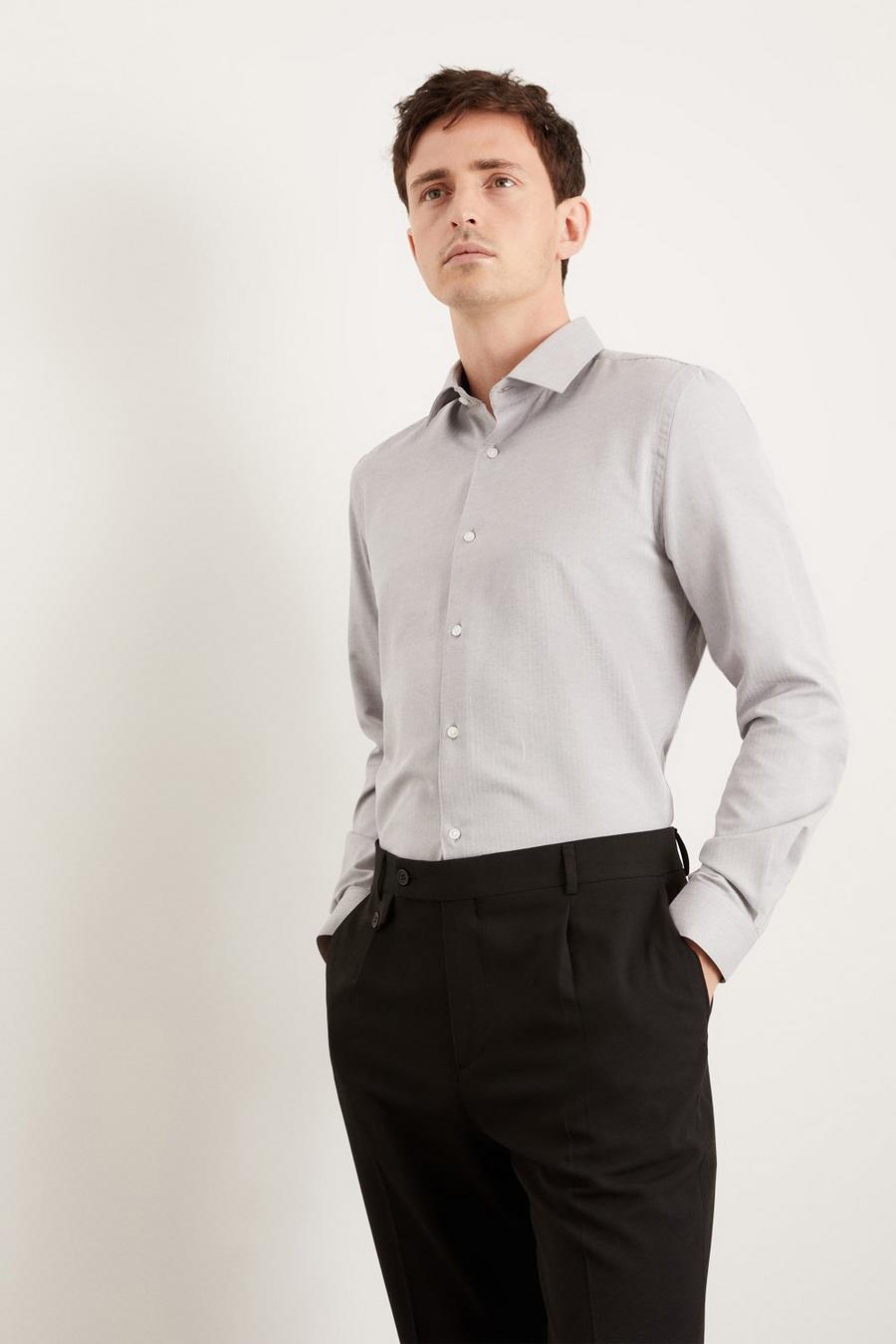 Grey Tailored Fit Herringbone Texture Smart Shirt
