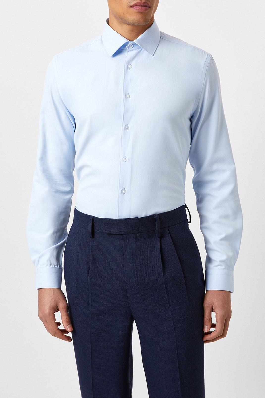 Tailored Fit Blue Herringbone Texture Smart Shirt image number 1