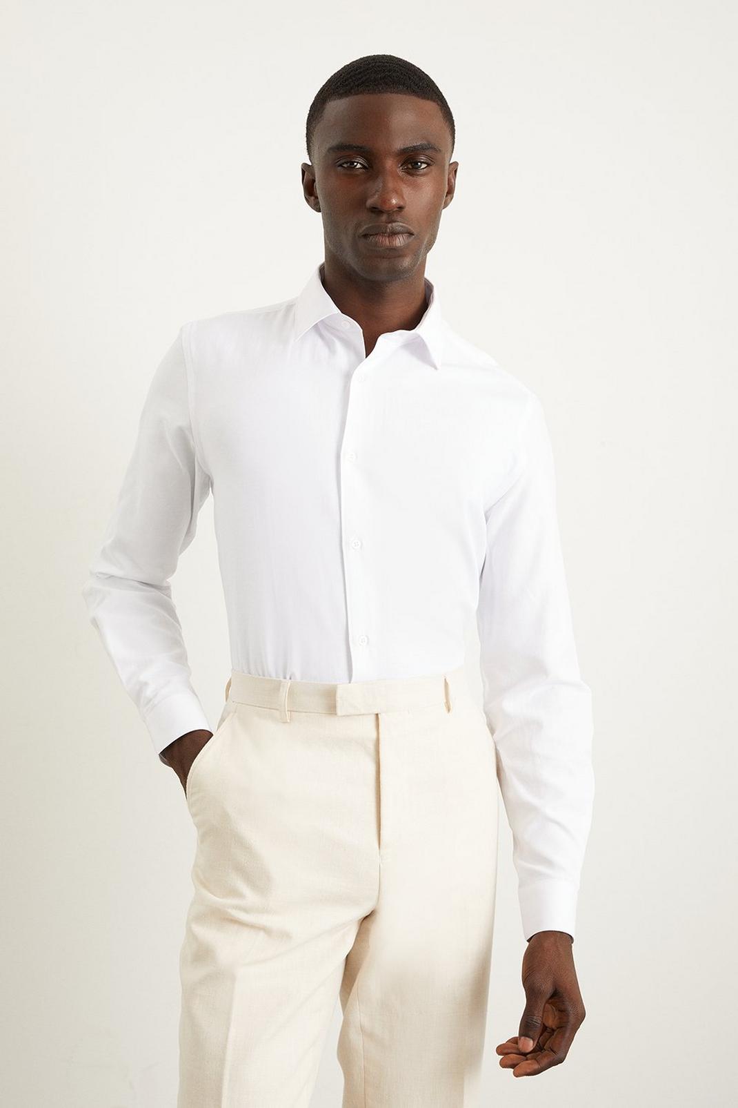 White Tailored Fit Herringbone Textured Smart Shirt image number 1