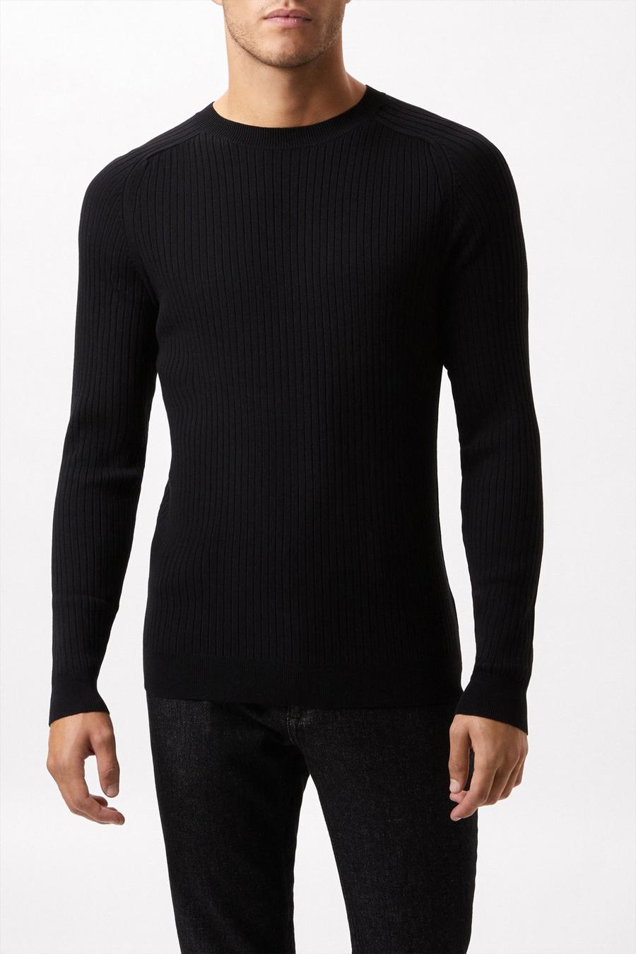 Premium Black Muscle Fit Knitted Ribbed Crew Neck Jumper