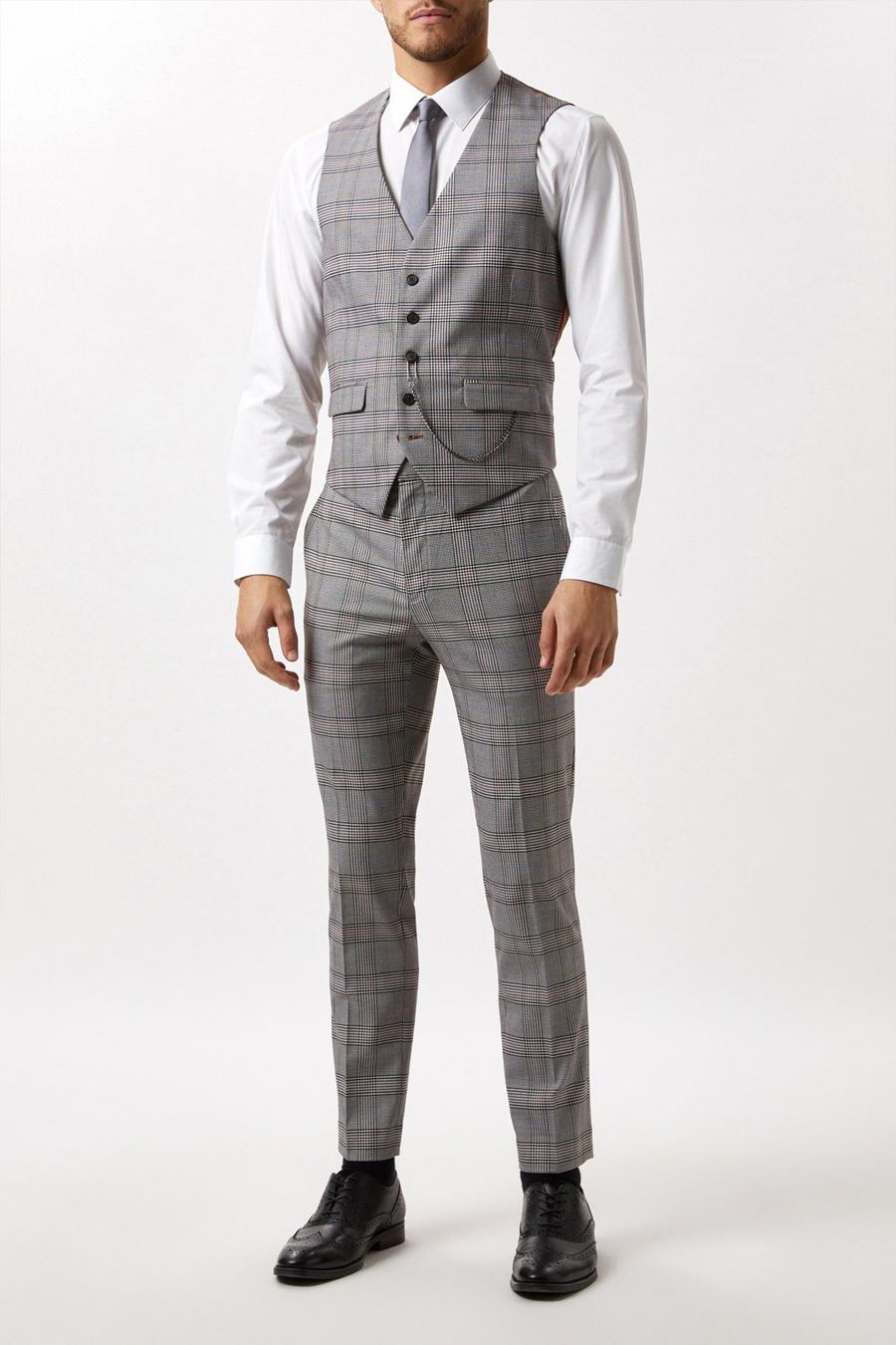 Skinny Fit Grey Check Suit Waistcoat
