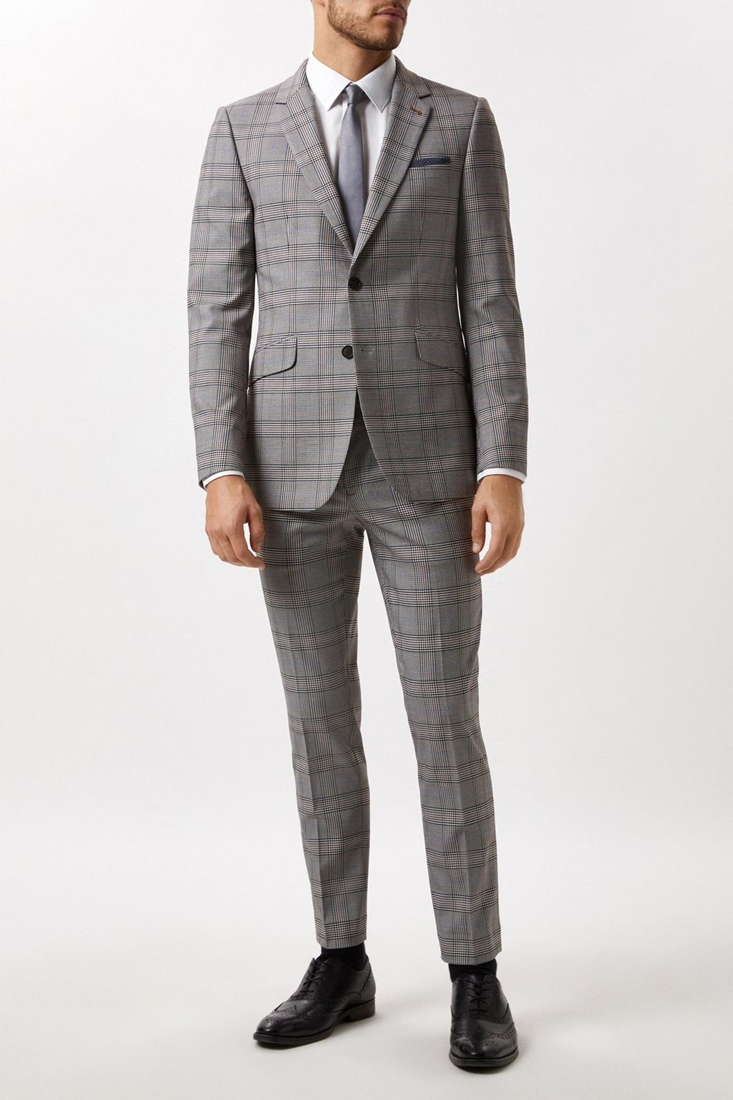 Skinny Fit Grey Checked Suit Jacket image number 1