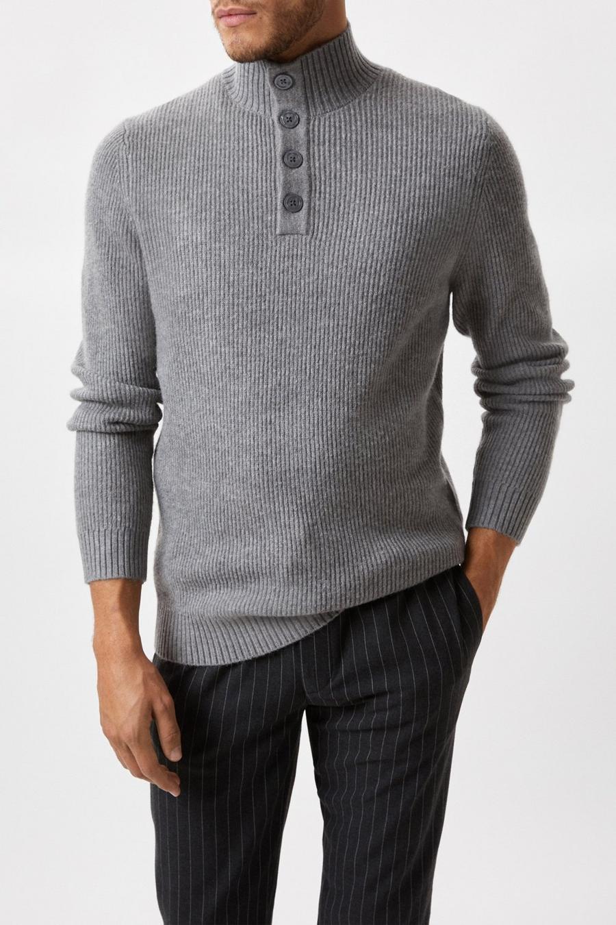 Super Soft Grey Button Up Knitted Funnel