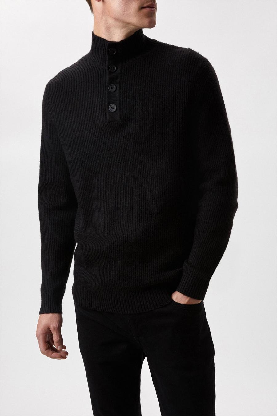 Super Soft Black Button Up Knitted Funnel