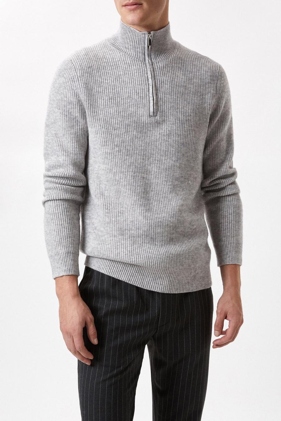 Super Soft Grey Rib Zip Knitted Funnel